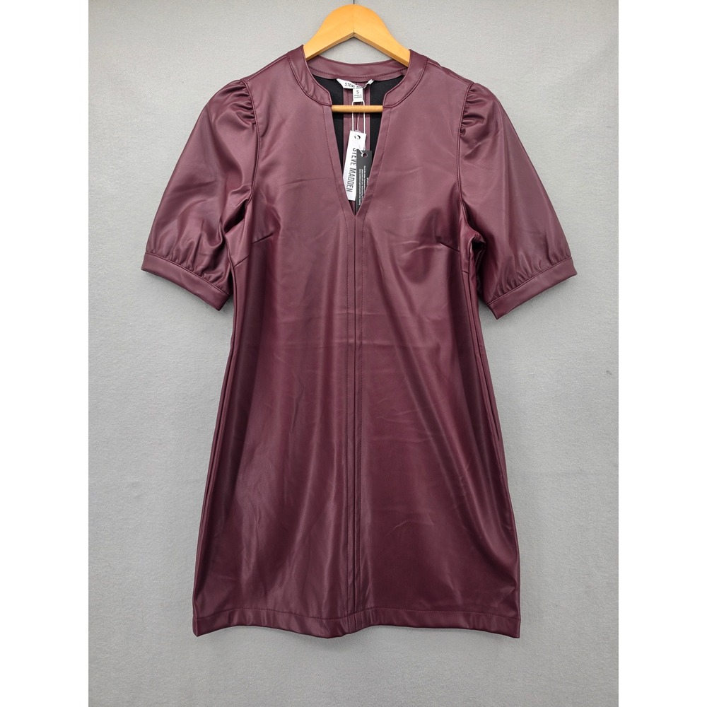 Steve Madden Wine Faux Leather Puffed Short Sleeve Mini Dress DO38225F Small NWT